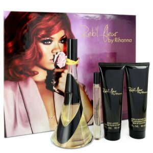 Reb’l Fleur by Rihanna Gift Set — 3.4 oz Eau De Parfum Spray + 3 oz Body Lotion + 3 oz Shower Gel + .34 oz Mini EDP Spray (Women)