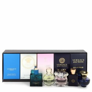 Versace Eros by Versace Gift Set — The Best of Versace Men’s and Women’s Miniatures Collection Includes Versace Eros Versace Pour Homme Dylan Blue Versace Pour Femme Dylan Blue Bright Crystal and Versace Eros Pour Femme (Men)